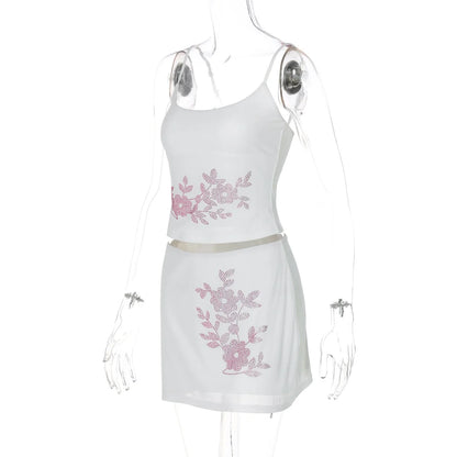 Floral Rhinestone Mesh Skirt Set
