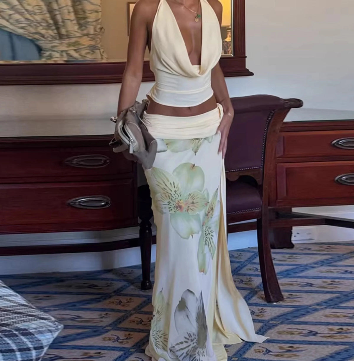 Floral Slit Maxi Skirt Set