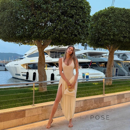 Genavieve U-Neck Pleated Maxi Dress