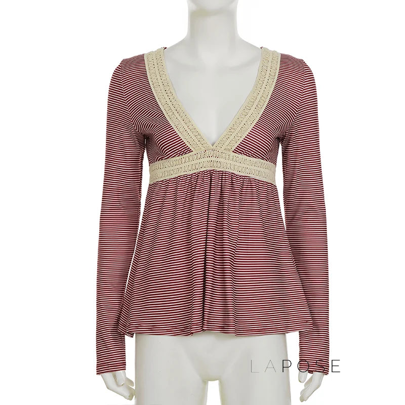 Haley Red Striped Lace Top