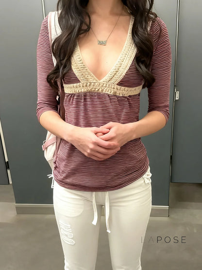 Haley Red Striped Lace Top