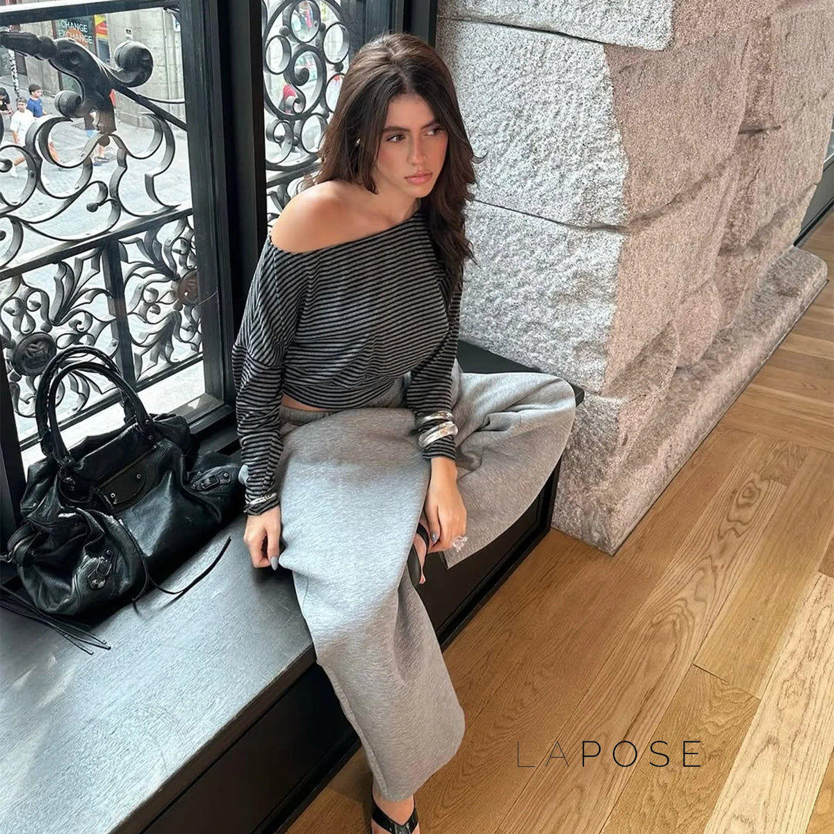 Indya Striped Off-Shoulder Skirt Set