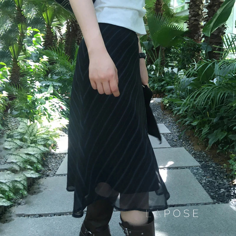 Jaelyn Striped Mesh Midi Skirt