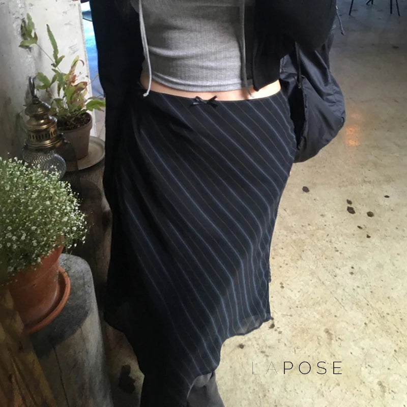 Jaelyn Striped Mesh Midi Skirt