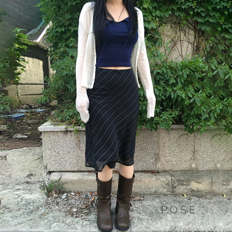 Jaelyn Striped Mesh Midi Skirt