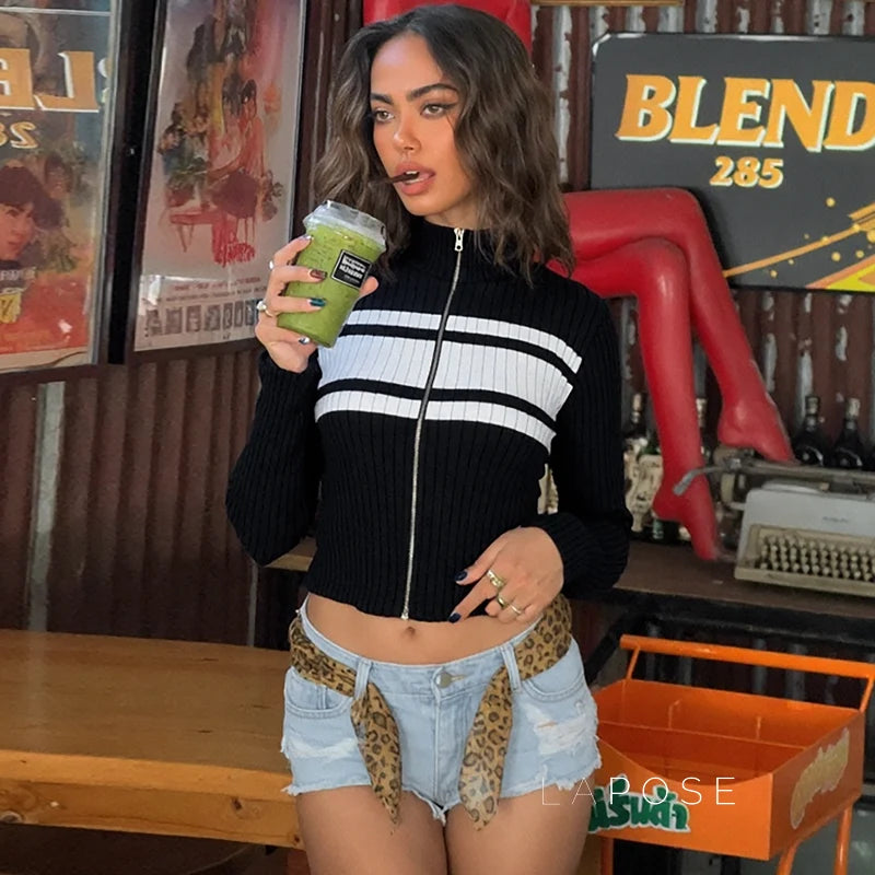 Kacy Contrast Zipper Knit Top