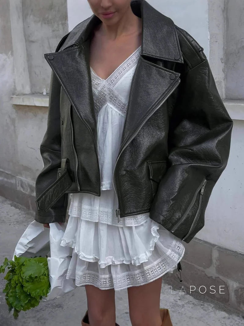 Kamia Green Faux Leather Biker Jacket