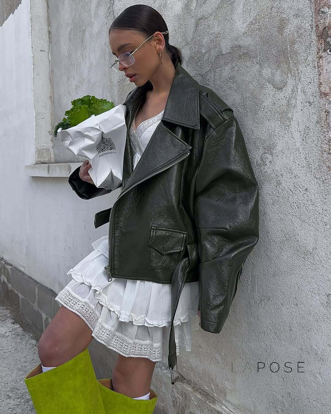 Kamia Green Faux Leather Biker Jacket