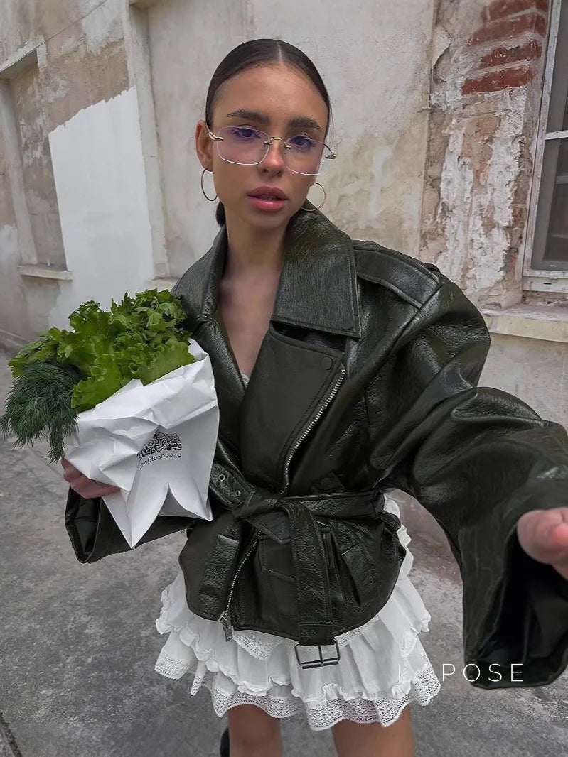 Kamia Green Faux Leather Biker Jacket