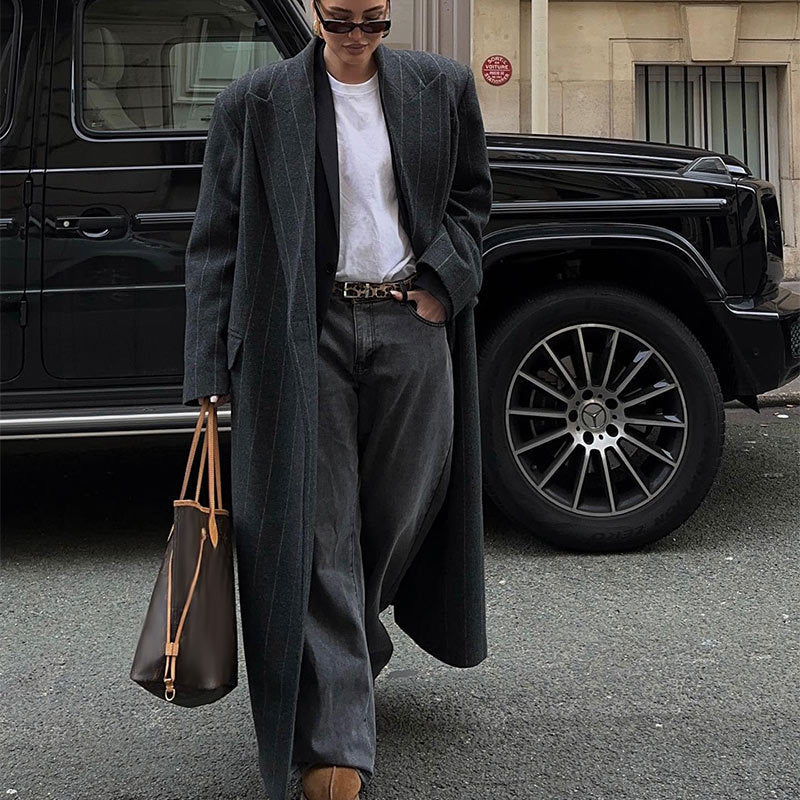 Kassidee Striped Lapel Long Coat