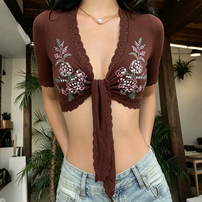 Katy Floral Lace Tie-Front Crop Top