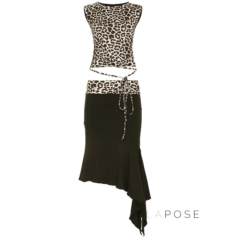Khelani Leopard Asymmetric Skirt Set