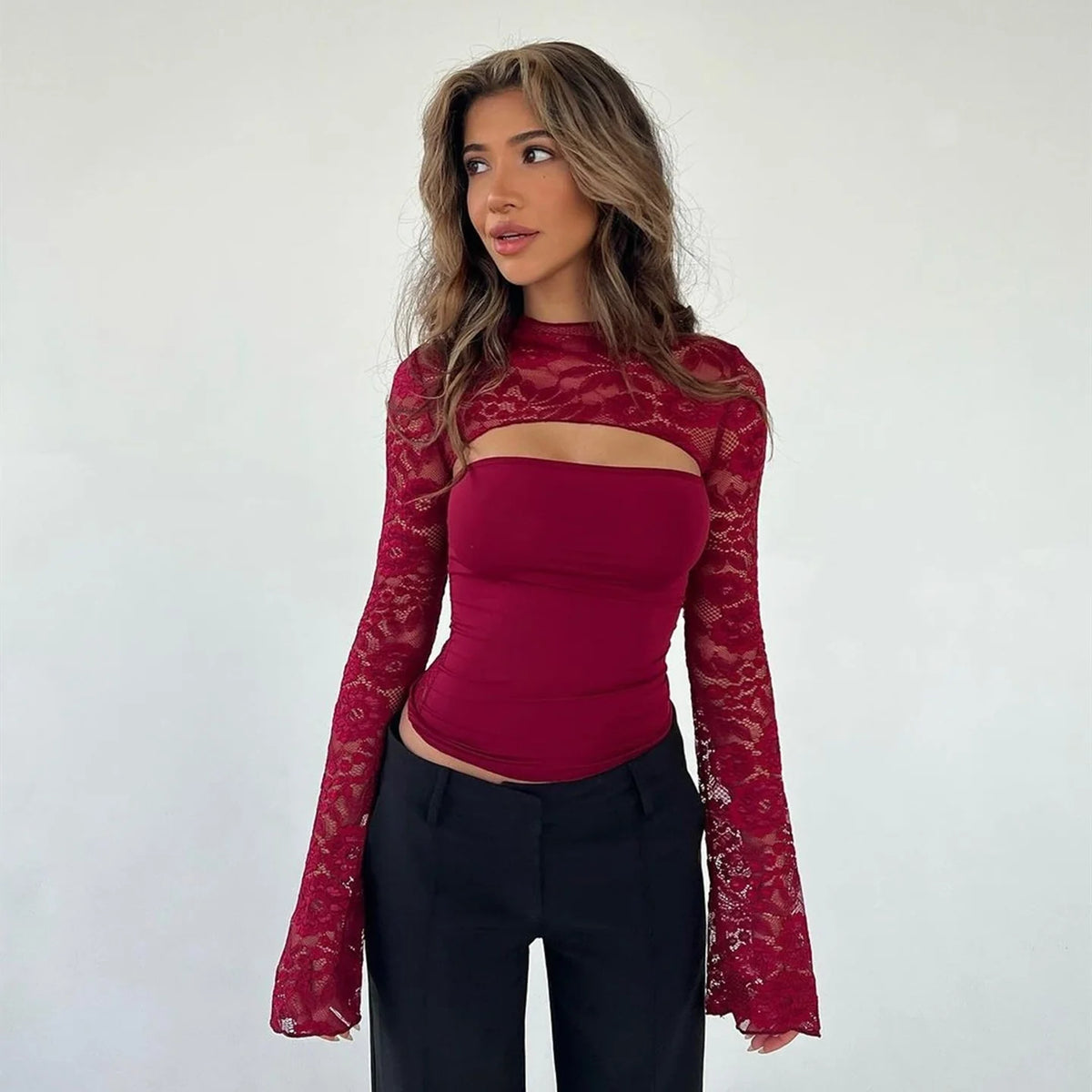 Lace Patchwork Flared Sleeve Top