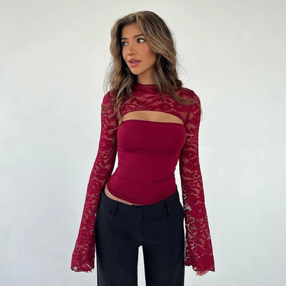 Lace Patchwork Flared Sleeve Top