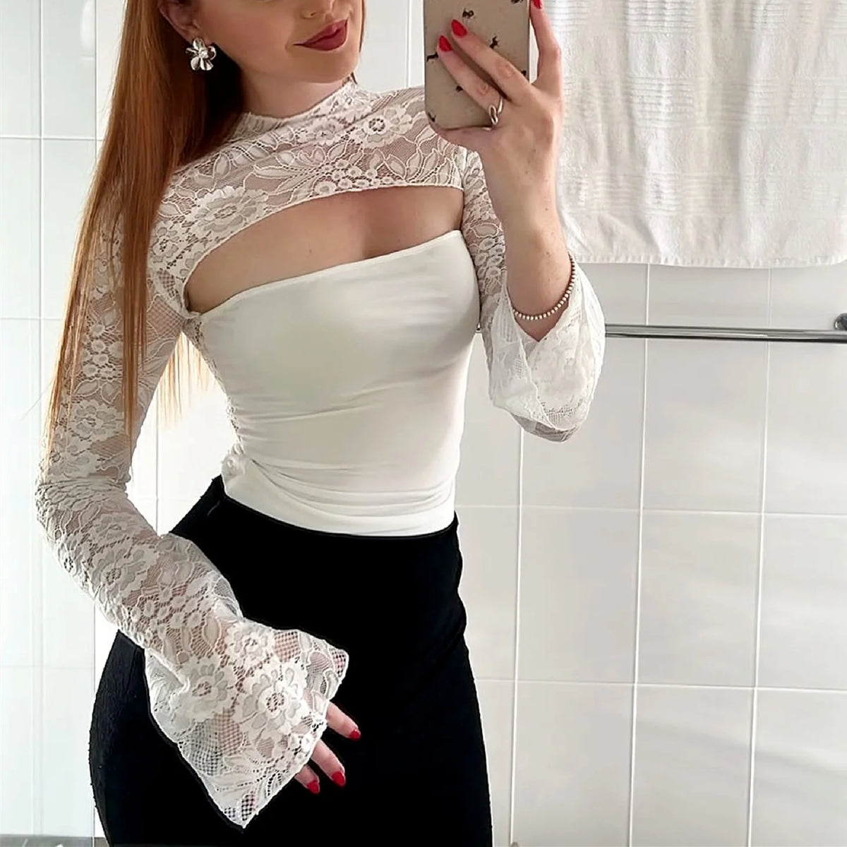 Lace Patchwork Flared Sleeve Top
