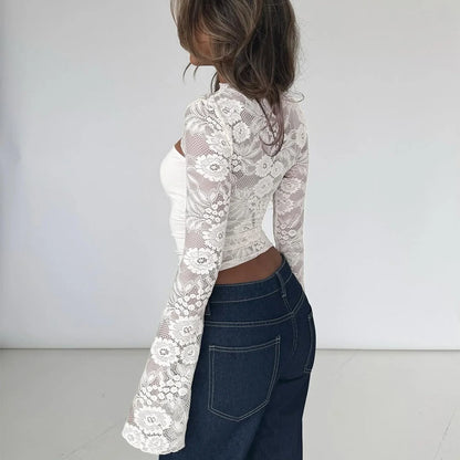Lace Patchwork Flared Sleeve Top
