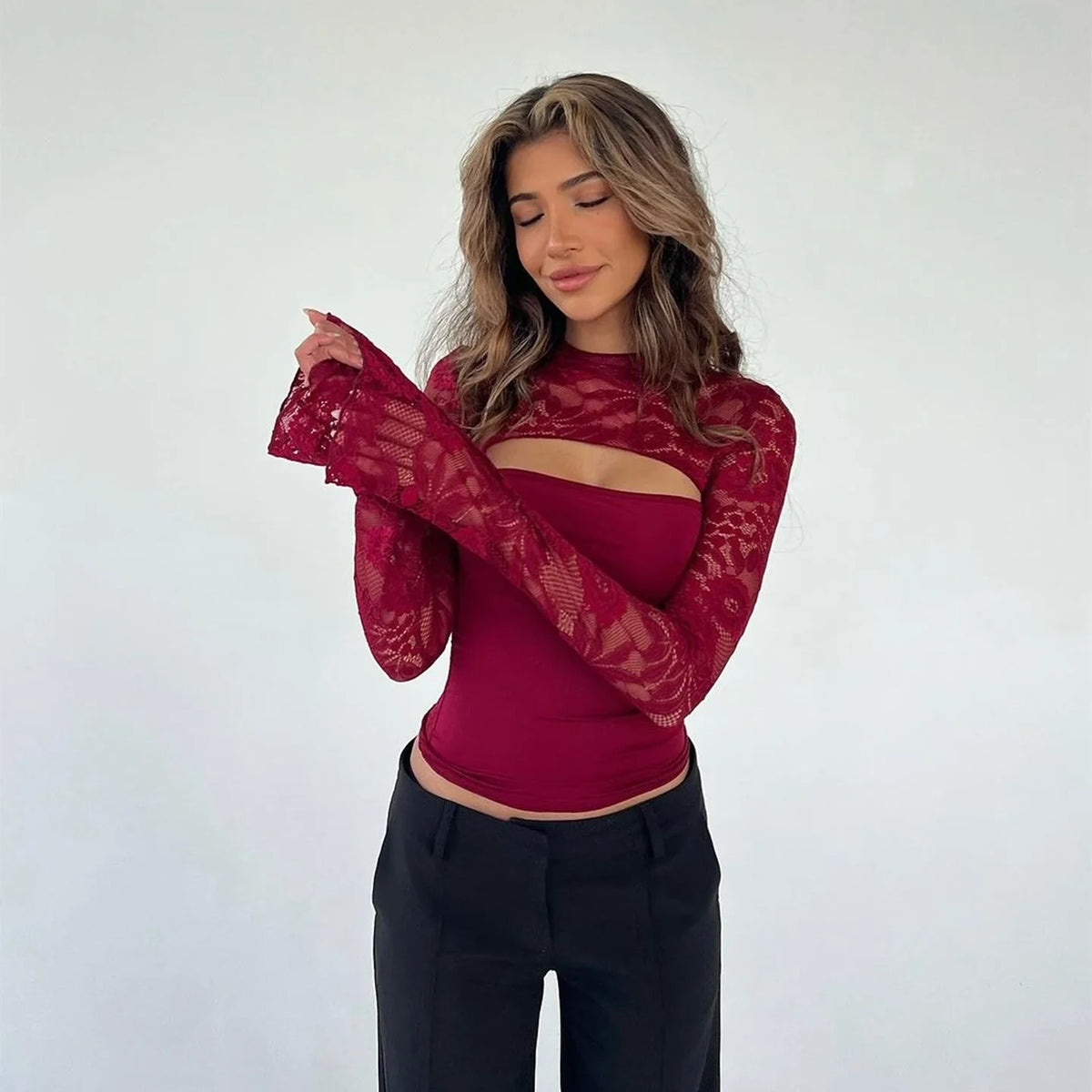 Lace Patchwork Flared Sleeve Top
