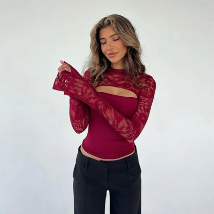 Lace Patchwork Flared Sleeve Top