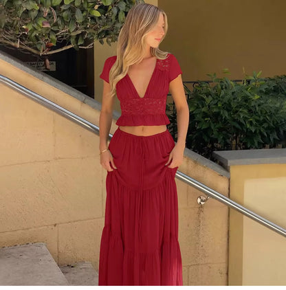 Lace V-Neck Two-Piece Skirt Set