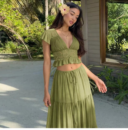 Lace V-Neck Two-Piece Skirt Set