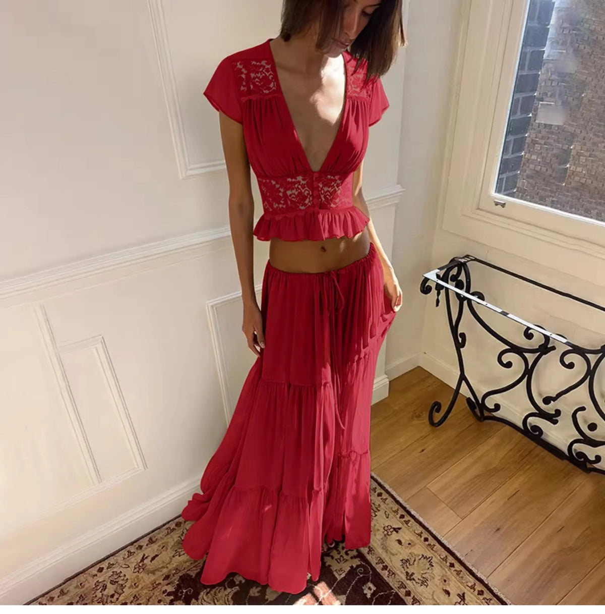 Lace V-Neck Two-Piece Skirt Set