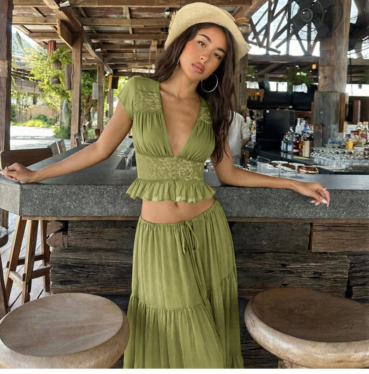 Lace V-Neck Two-Piece Skirt Set