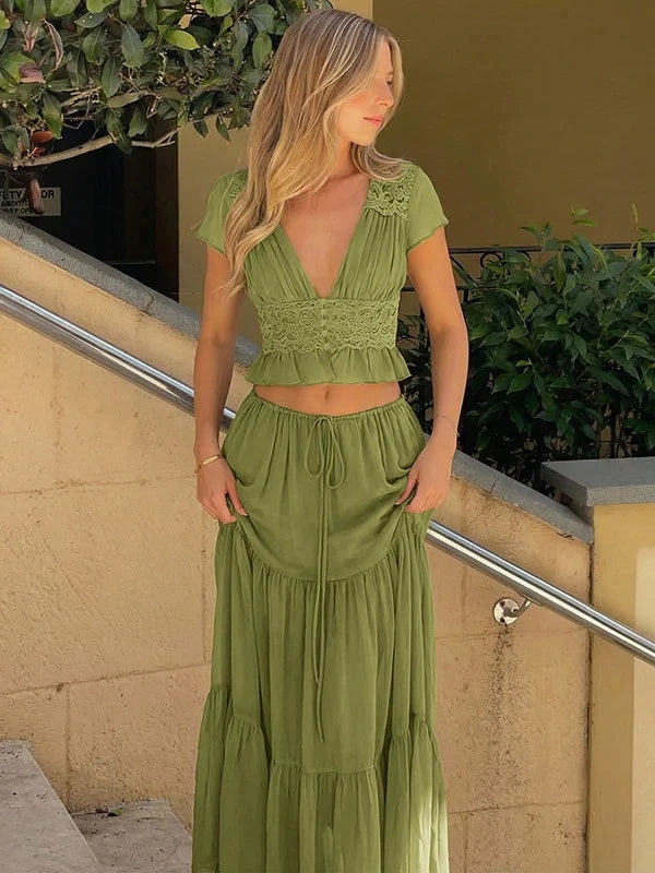 Lace V-Neck Two-Piece Skirt Set
