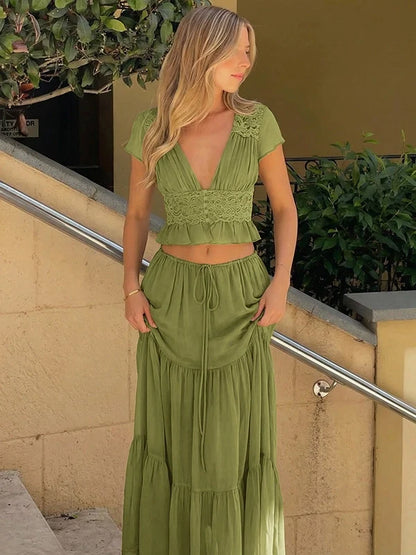 Lace V-Neck Two-Piece Skirt Set