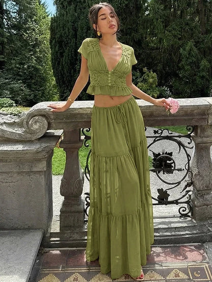 Lace V-Neck Two-Piece Skirt Set