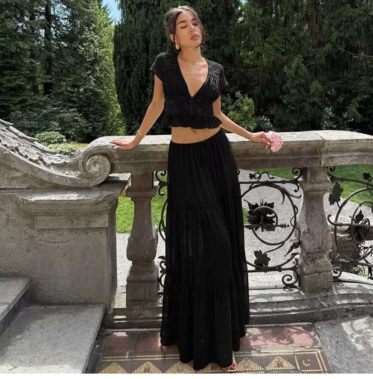 Lace V-Neck Two-Piece Skirt Set