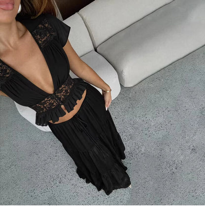 Lace V-Neck Two-Piece Skirt Set