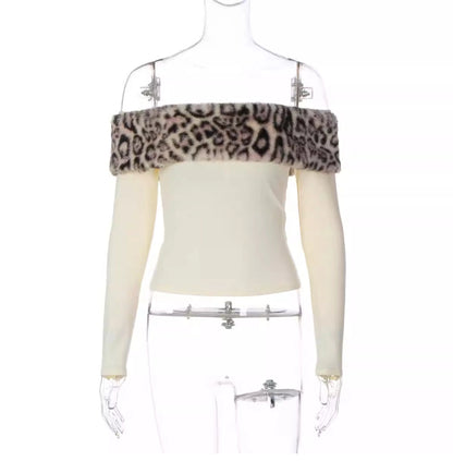 Leopard Print Fur Trim Off-Shoulder Top