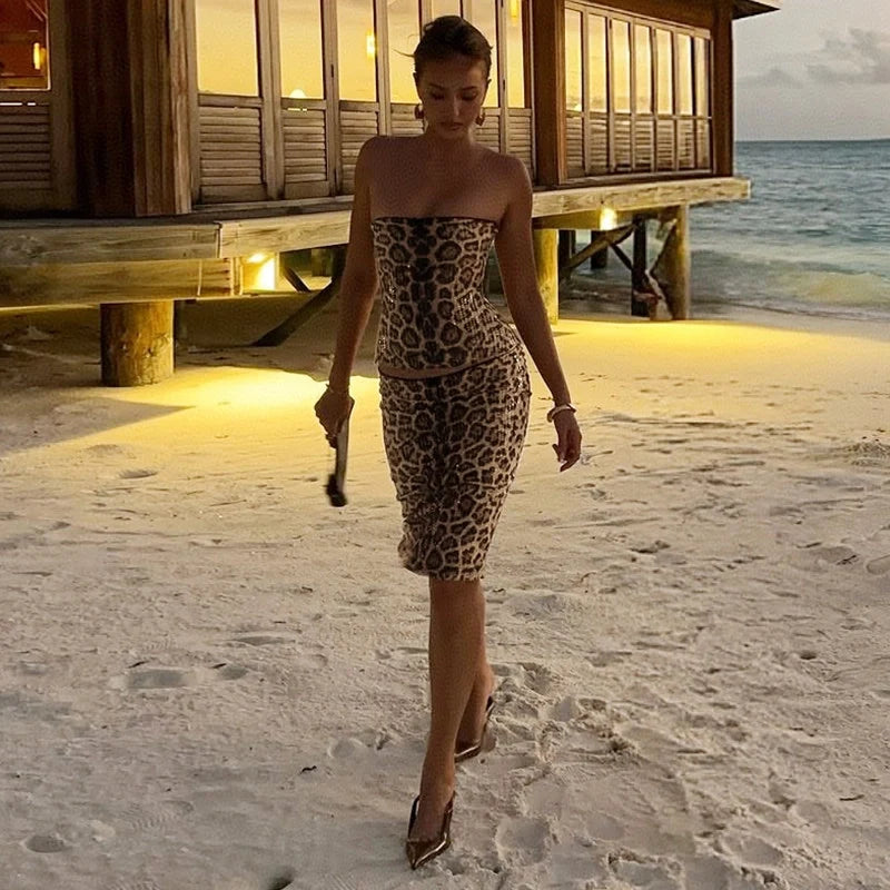 Leopard Sequin Two-Piece Skirt Set