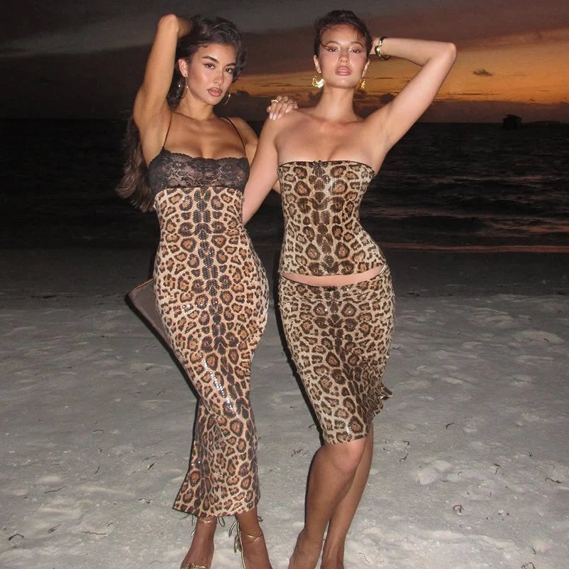 Leopard Sequin Two-Piece Skirt Set