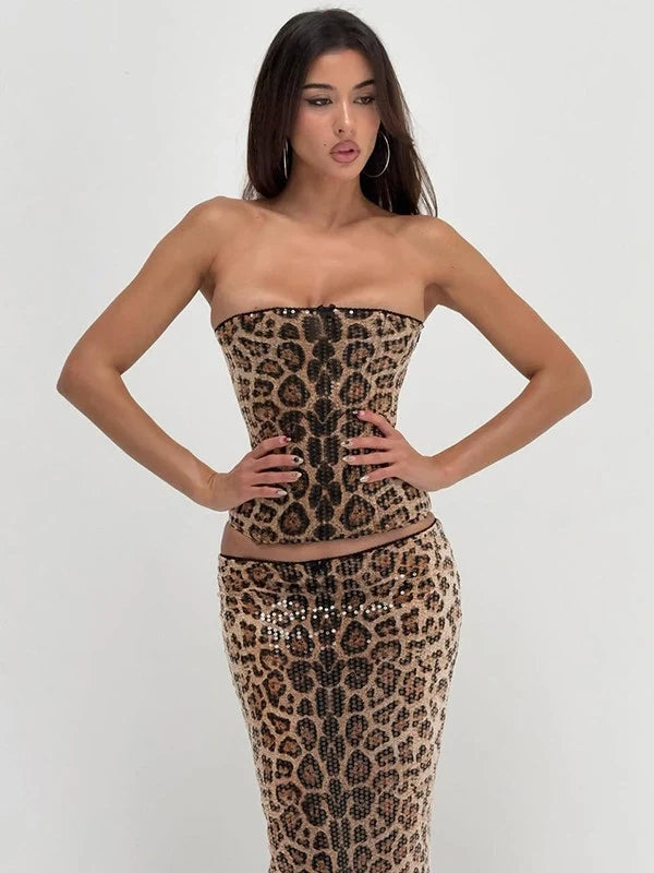 Leopard Sequin Two-Piece Skirt Set
