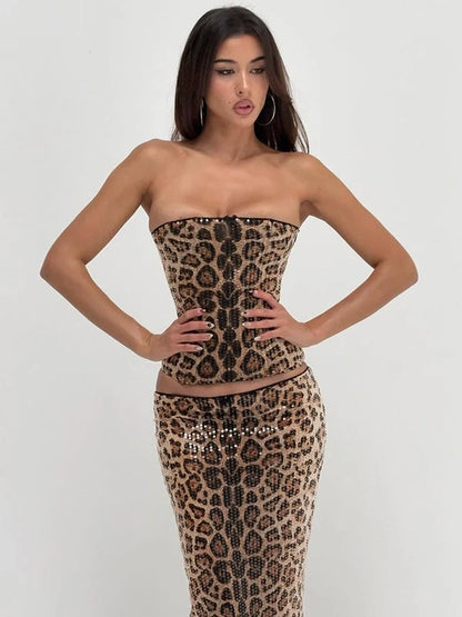 Leopard Sequin Two-Piece Skirt Set