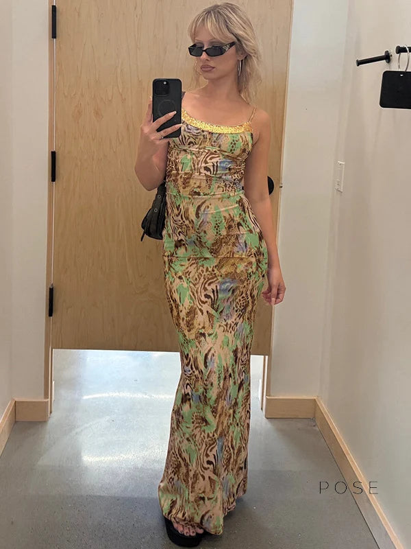 Liana Printed Mesh Maxi Dress