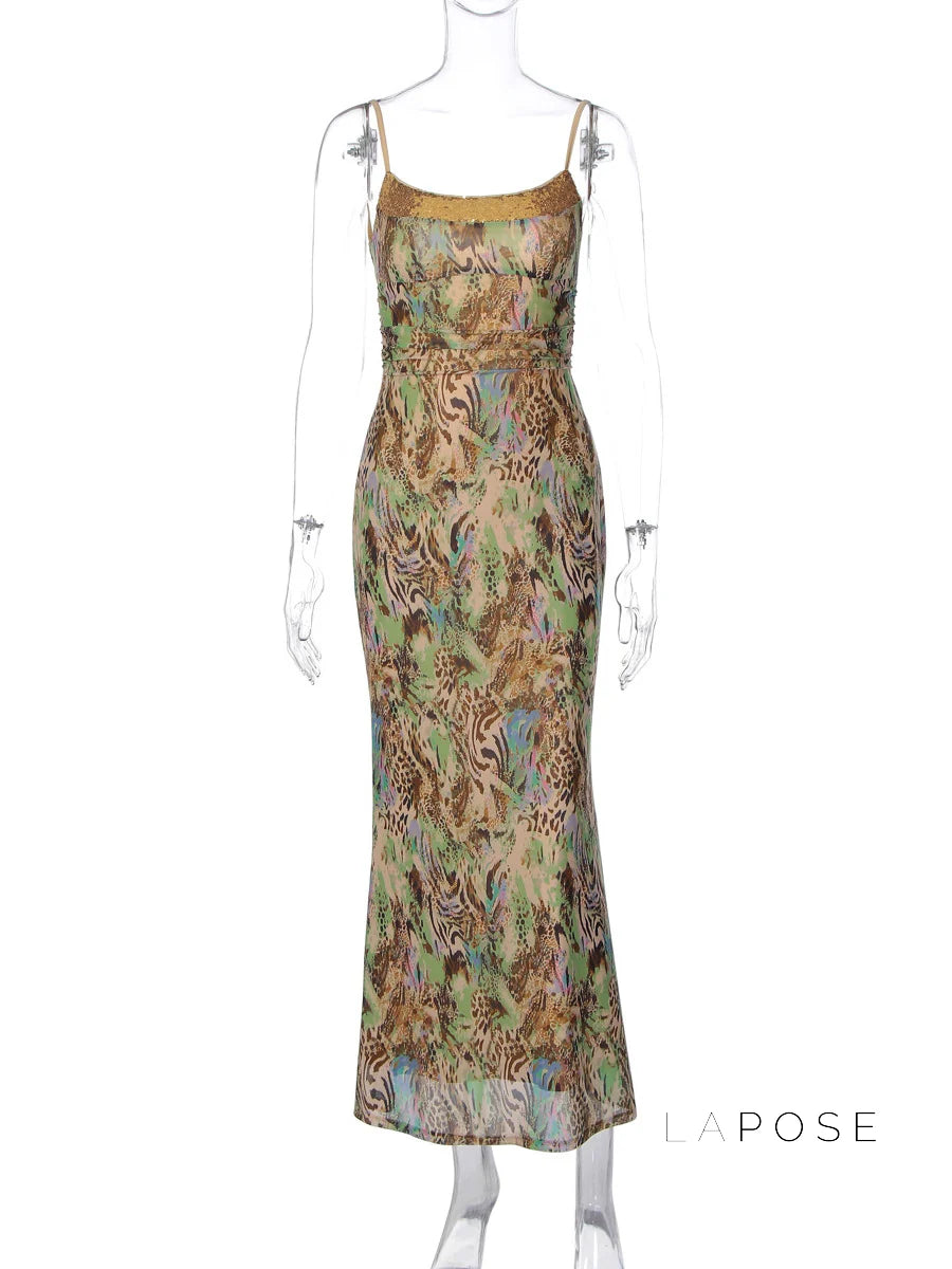 Liana Printed Mesh Maxi Dress