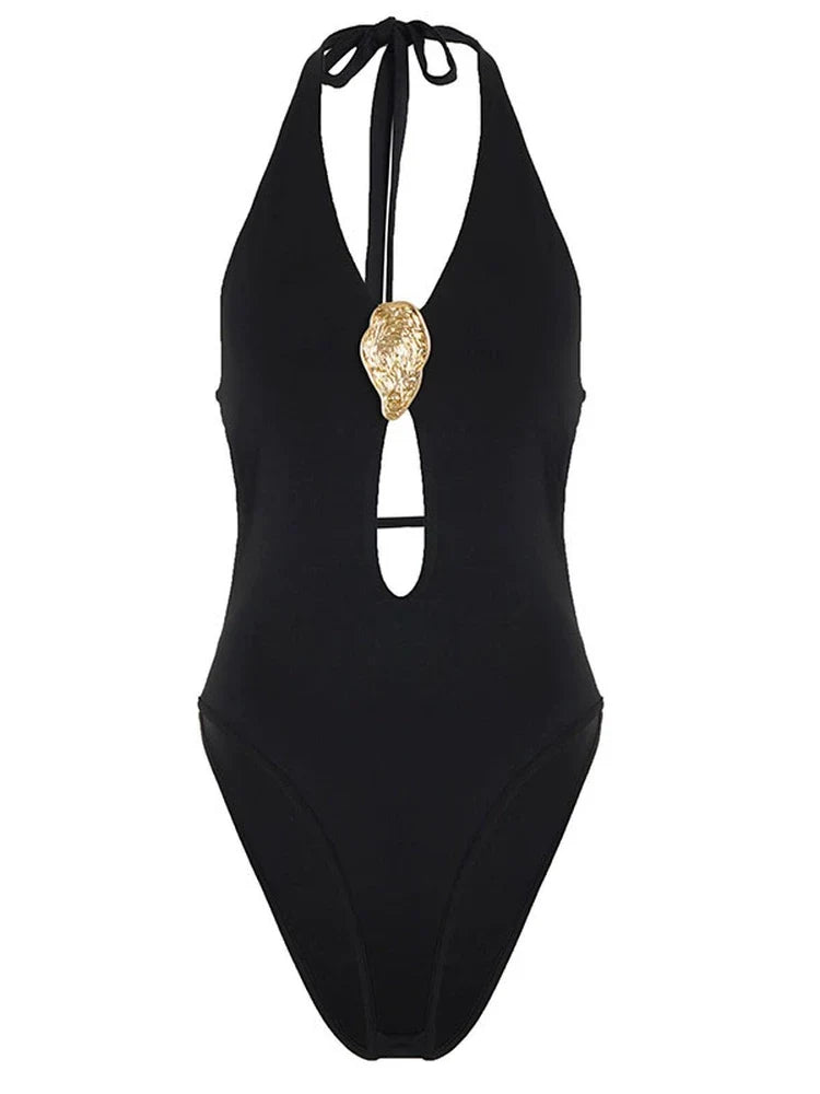 Manal Metal Buckle Halter Bodysuit