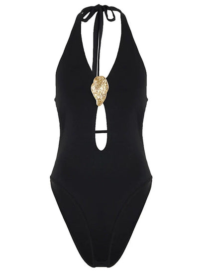 Manal Metal Buckle Halter Bodysuit