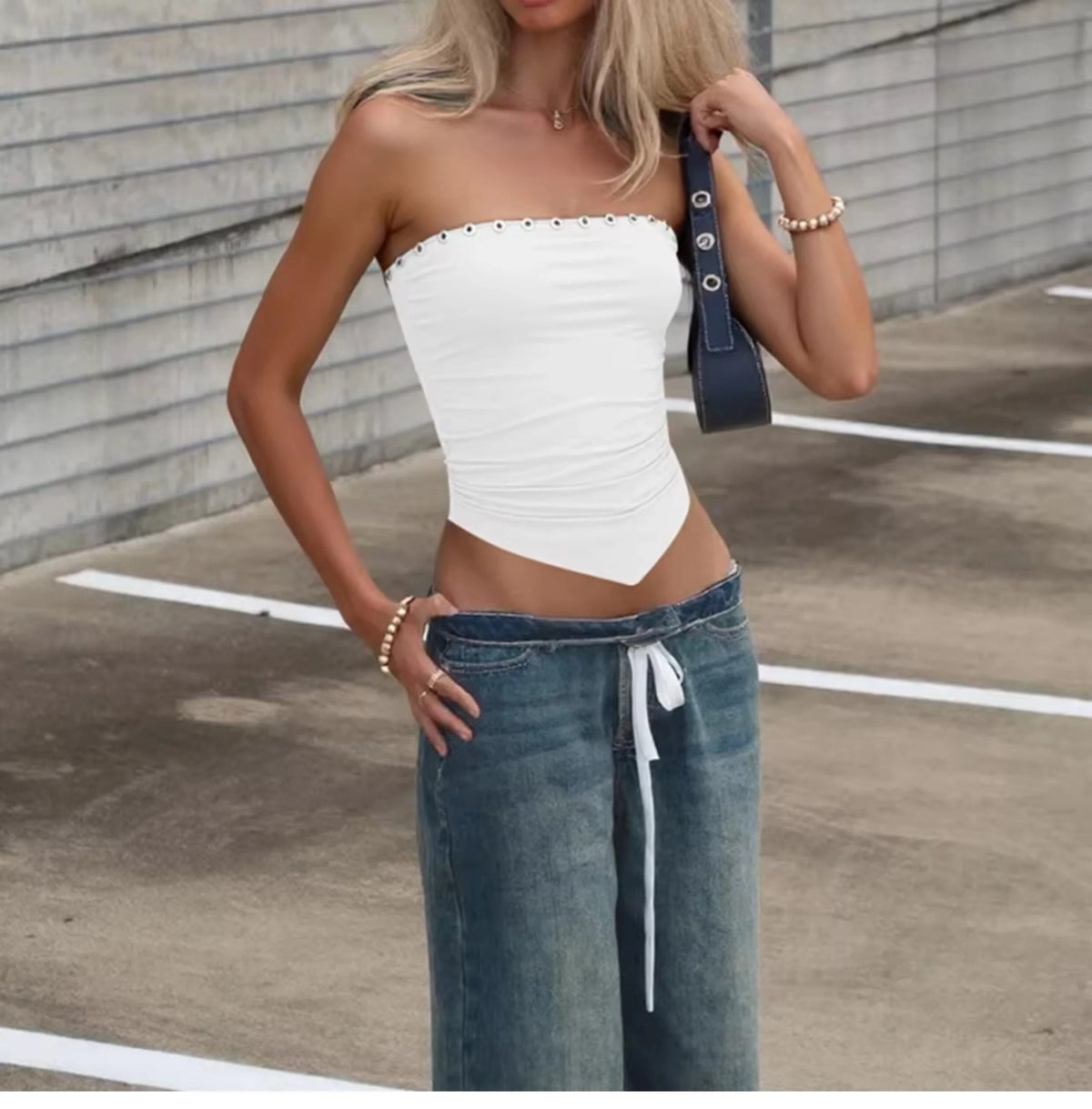 Pleated Button Trim Tube Top