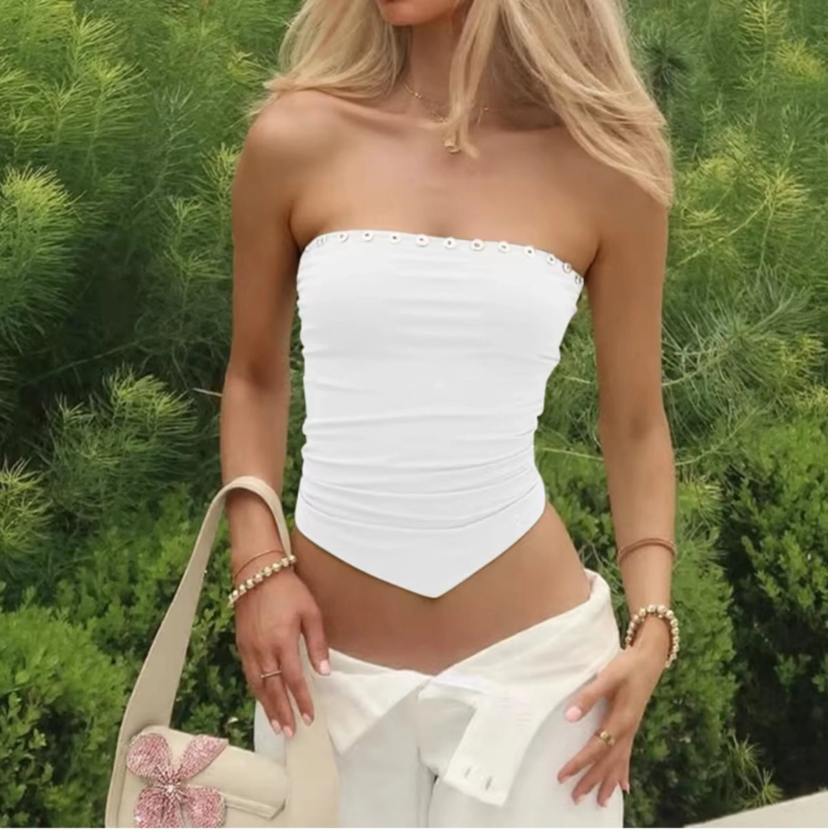 Pleated Button Trim Tube Top