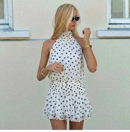 Polka Dot Halter Backless Mini Dress