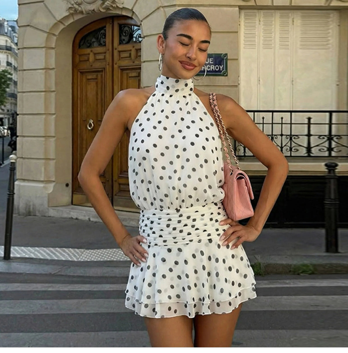Polka Dot Halter Backless Mini Dress