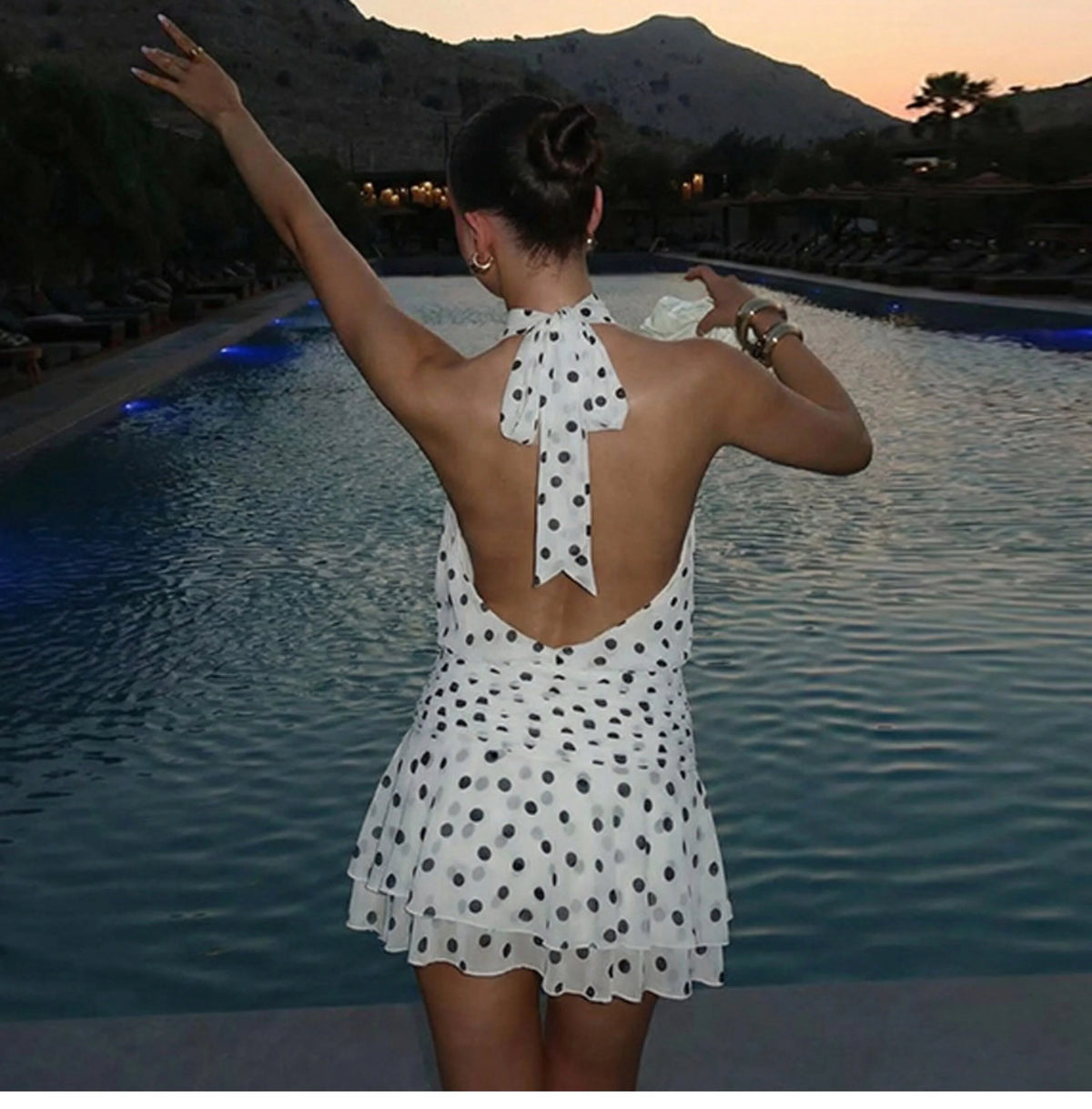 Polka Dot Halter Backless Mini Dress