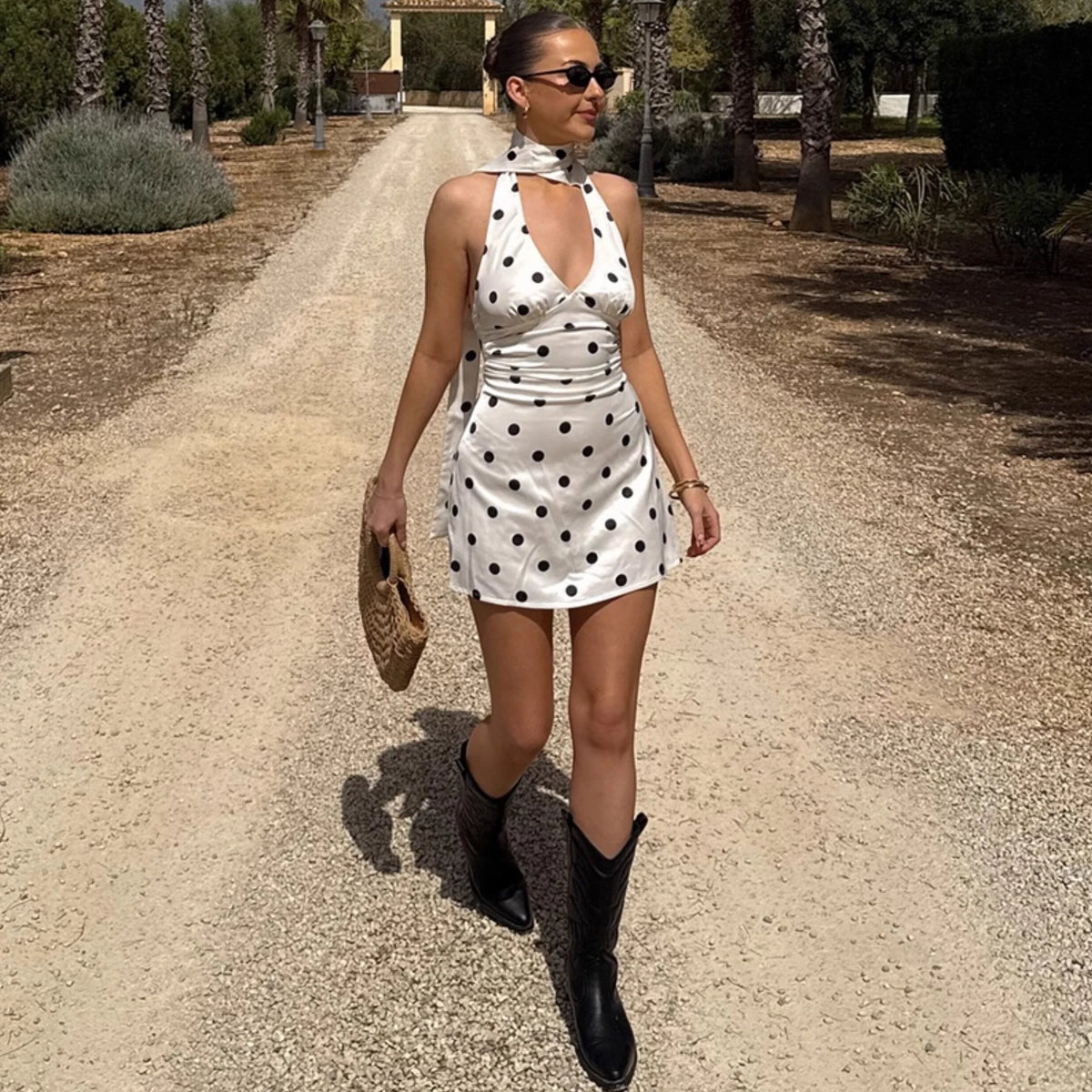 Polka Dot Halter Mini Dress with Ribbon Detail