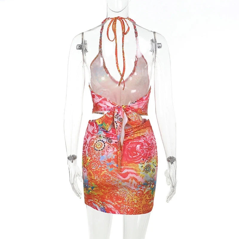 Printed Hollow Neck Mini Dress