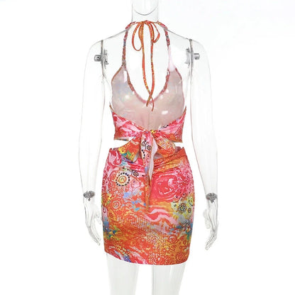 Printed Hollow Neck Mini Dress