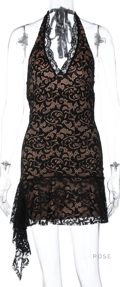 Rihanna Lace Halter Mini Dress