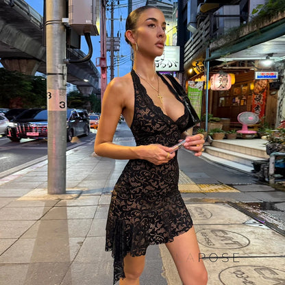 Rihanna Lace Halter Mini Dress